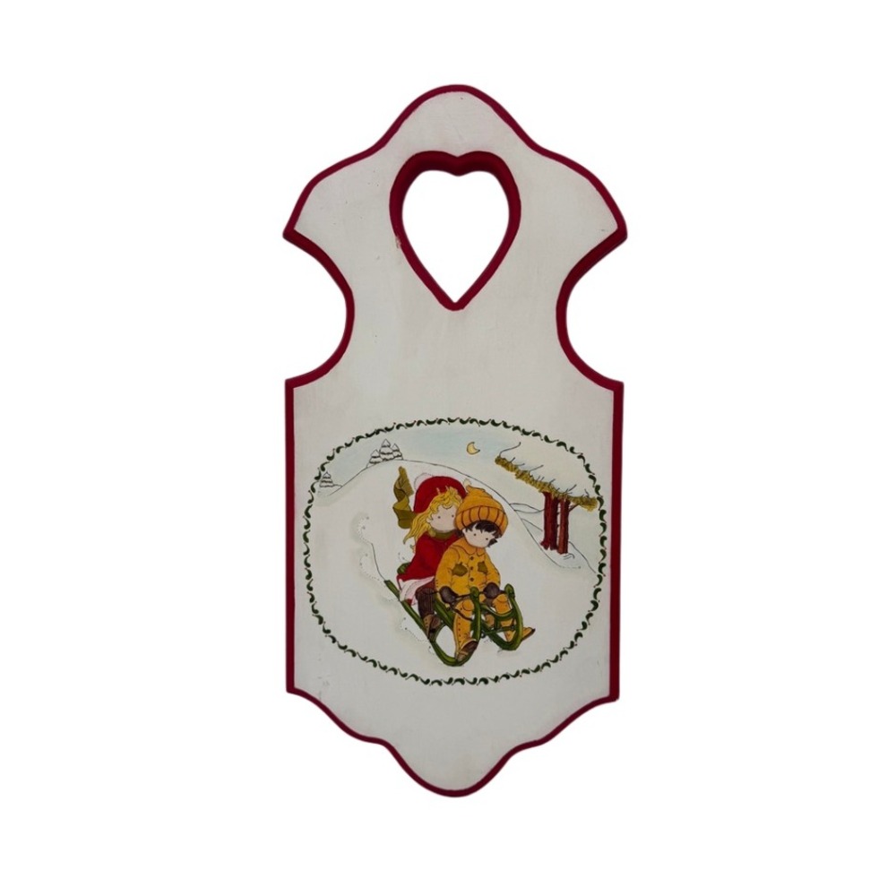 Hand Painted Wall Plaque Sledding Children Heart Cutout Country Cottage Decor